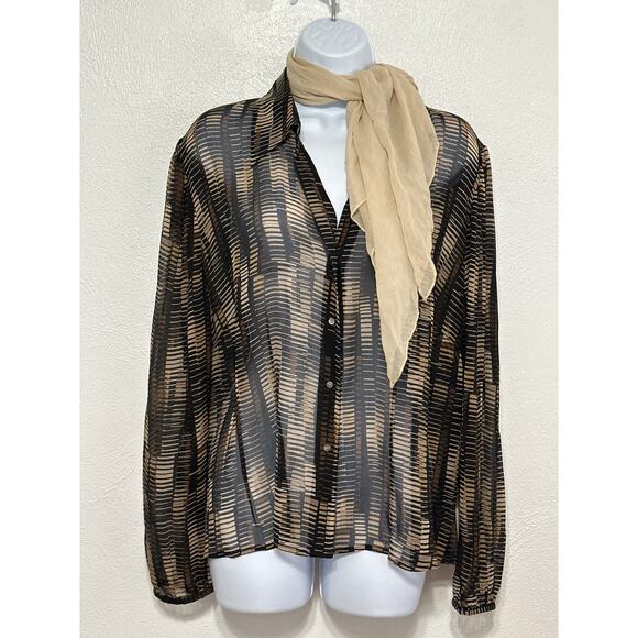 VTG Valerie Stevens Sheer Silk Geo Print Blouse XL Brown Black Fall Trend City - Picture 9 of 16